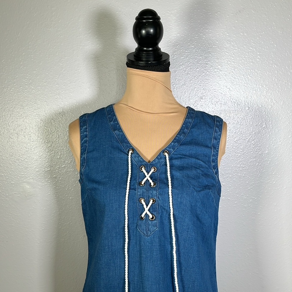 Chambray denim embroidered tassel vneck lace up shift mini dress S boho casual - Picture 8 of 12